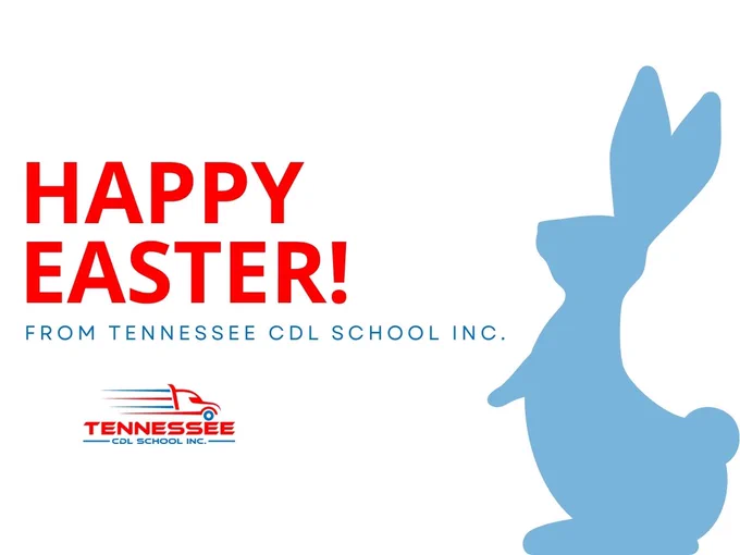 Blue silhouette of a rabbit with 'Happy Easter!' greeting from Tennessee CDL School Inc. in red and blue text on white background.