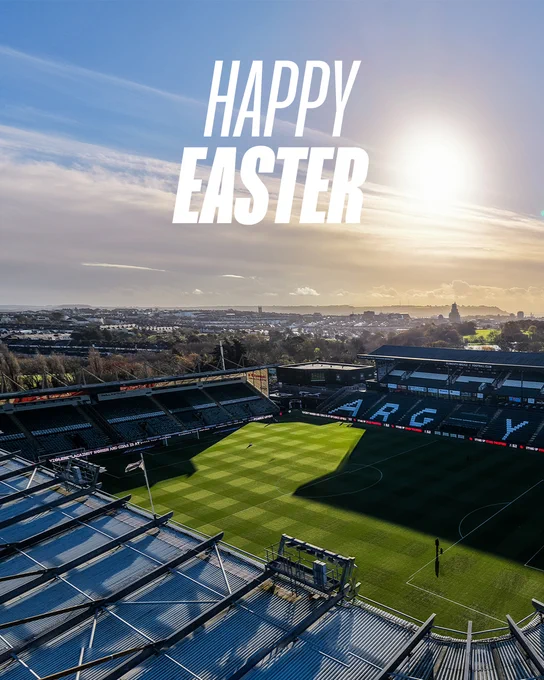 A graphic to celebrate Easter, with a picture of Home Park.