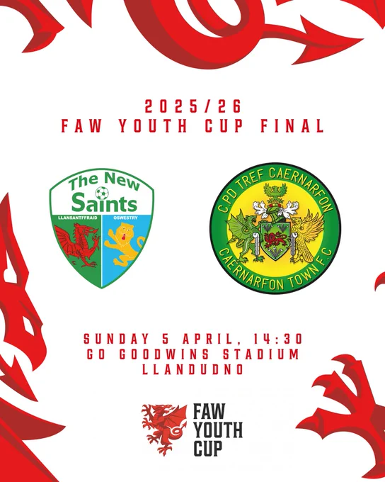2025/26 FAW Youth Cup Final

The New Saints v Caernarfon Town
Sunday 5 April, 14:30
Go Goodwins Stadium, Llandudno