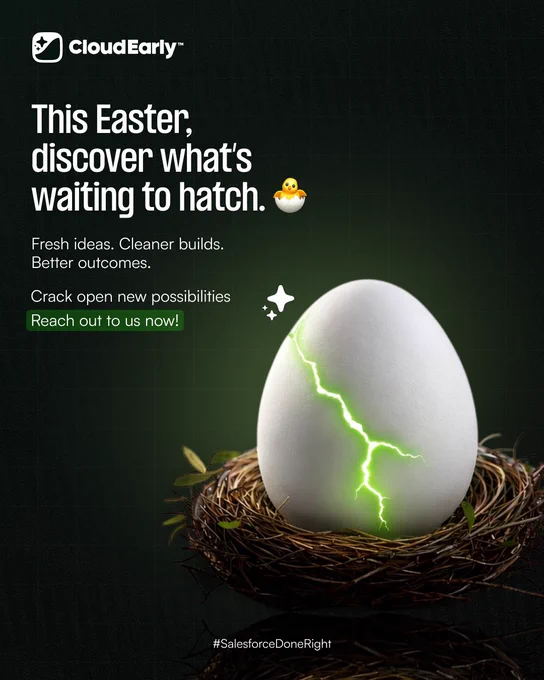 A glowing white egg sitting in a bird's nest, cracked with neon green lightning bolts, set against a dark green background. The CloudEarly logo appears in the top left, with the headline "This Easter, discover what's waiting to hatch." Body copy reads: "Fresh ideas. Cleaner builds. Better outcomes. Crack open new possibilities." A call-to-action button reads "Reach out to us now!" with the hashtag #SalesforceDoneRight at the bottom.