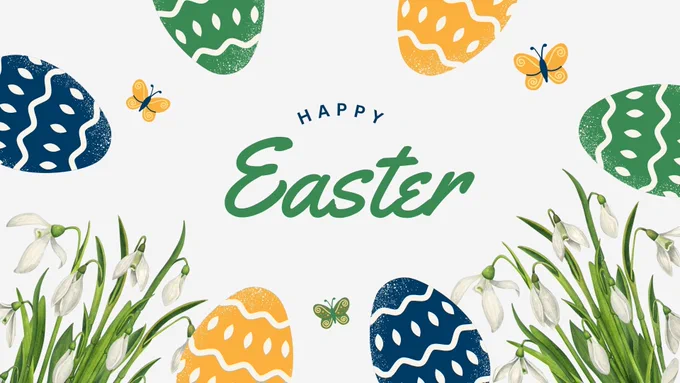 Happy Easter greeting card featuring decorated eggs in blue, yellow, and green, surrounded by butterflies and white flowers.