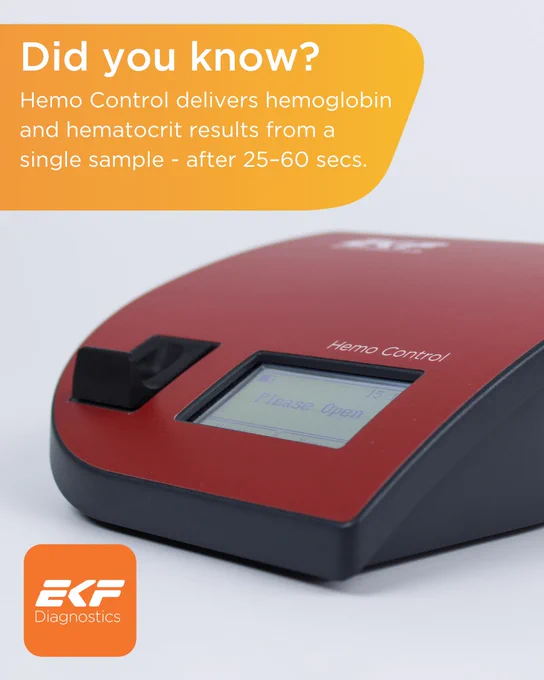 Hemo Control device by EKF Diagnostics providing hemoglobin and hematocrit results from one sample in under a minute.
Text: DID YOU KNOW? Hemo Control delivers hemoglobin and hematocrit results from a single sample - after just 25 - 60 seconds."