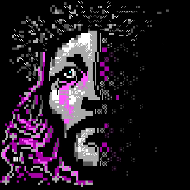 Under pink lighting, a long-haired man wearing a crown of thorns gazes uncertainly past the viewer into the distance, the right side of his face dissolving into dithered shadow.