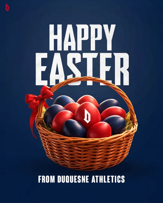 Easter egg basket with text: “Happy Easter from Duquesne Athletics”