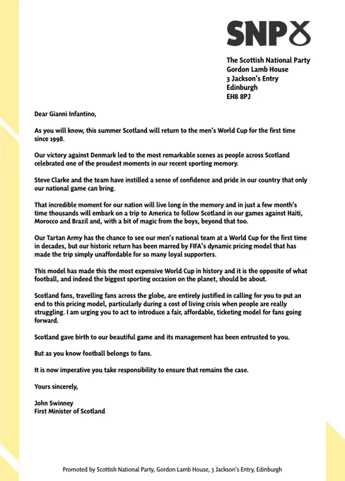 A letter to FIFA from the First Minister of Scotland.