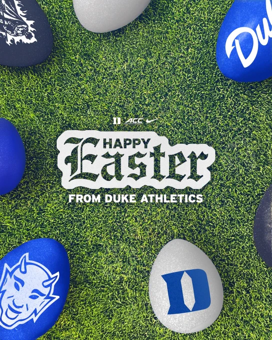 Happy Easter graphic featuring blue and white Duke-themed Easter eggs on grass.