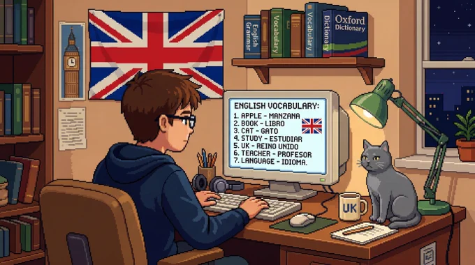 Ilustración en estilo pixel art de un chico con gafas y sudadera azul estudiando frente a un ordenador en un escritorio acogedor. En la pantalla se muestra una lista clara de vocabulario en inglés. En la pared del fondo cuelga una gran bandera del Reino Unido. Sobre el escritorio de madera hay una taza blanca con las letras "UK", una lámpara verde de estudio y, sentado a su lado, un gato completamente gris que observa atentamente. Alrededor se ven libros ordenados en estanterías.