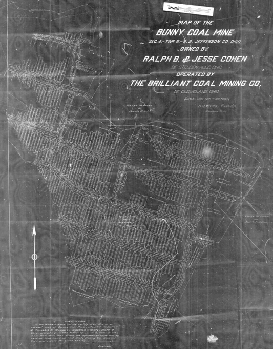 Detailed blueprint map of Bunky Coal Mine in Jefferson County, Ohio, showing mine shafts and tunnels owned by Ralph B. & Jesse Cohen.