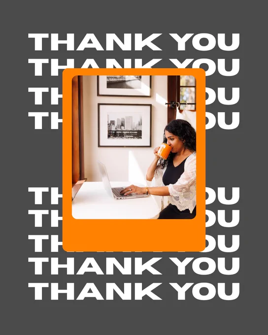 A person is sitting at a desk, drinking from a mug while using a laptop. The background features black and white framed photos on the wall. The image is overlaid on a graphic with the repeated phrase "THANK YOU" in large, bold white letters on a dark gray background.