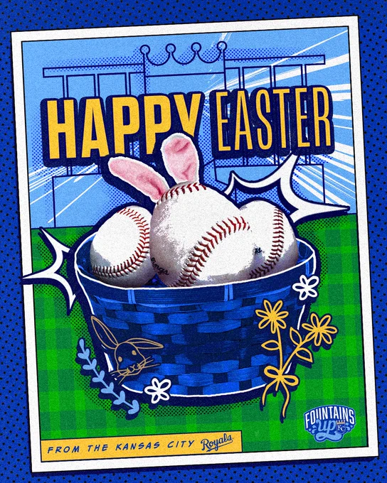 A graphic with a blue basket filled with Easter eggs decorated like baseballs.