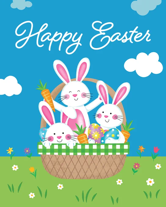 Three cheerful Easter bunnies holding carrots inside a basket filled with colorful decorated eggs under a blue sky with fluffy clouds. Message says "Happy Easter"