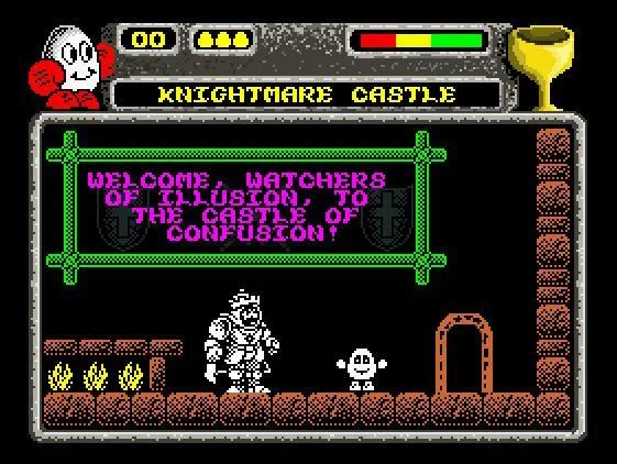 Knightmare Dizzy: a white ovoid with feet and boxing glove hands is standing in a room with a fireplace, Treguard and an archway. Words in purple within green borders: 'Welcome, watchers of illusion, to the castle of confusion!' The status board at the top of the screen shows Dizzy, 03 lives (with yellow egg icons), an energy bar and a chalice, and says 'Knightmare Castle'.