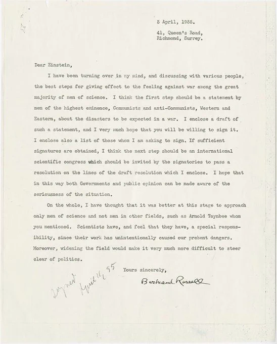 Typed letter addressed to Albert Einstein from Bertrand Russell, dated 5 April, 1955. The letter discusses topics including government, science, and the need for a resolution on the disarmament of nuclear weapons.