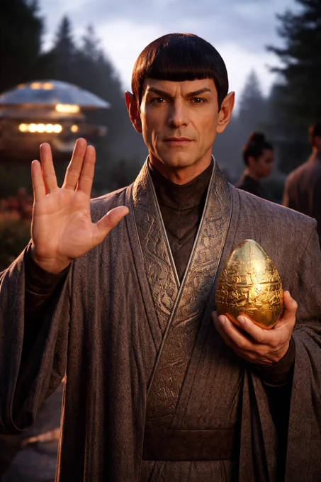 A vulcan, from the Star Trek First Contact era, greets the viewer in the traditional vulcan manner, live long and prosper, whilst also holding a golden Easter egg