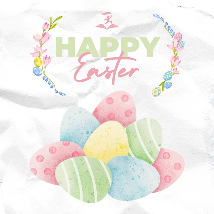 Pastel Easter eggs with polka dots and stripes arranged in a pile beneath a floral wreath and 'Happy Easter' text.