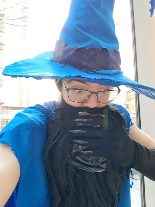 Pretending to drink blood in my cosplay of THE GREAT AND MIGHTY KEVIN from Hunter: The Parenting. He is a mighty vampire wizard.