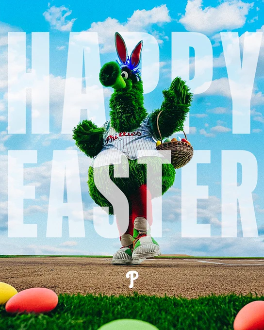 Happy Easter graphic. The Phanatic is pictured holding an Easter basket with Easter eggs on the ground in front of him.