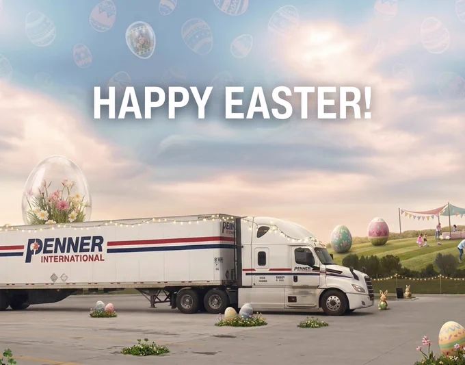 Penner International white semi truck and trailer parked outdoors, decorated with Easter eggs, spring flowers, and pastel lights under a soft blue sky. Large text above reads “Happy Easter” with a festive spring landscape in the background.