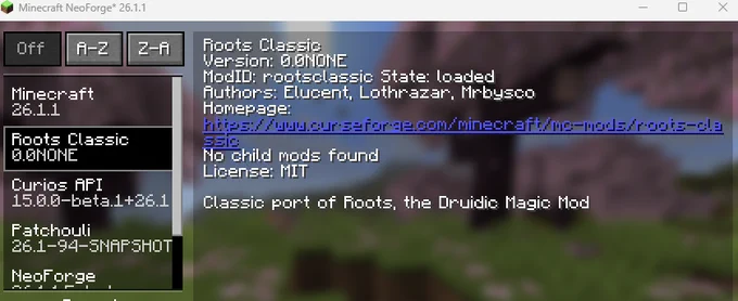 Screenshot showing the NeoForge mods screen in 26.1.1 showing Roots Classic in the list of mods