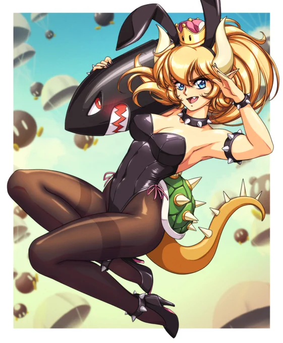 An illustration of Bowsette in a bunny suit. She is in the air, surrounded by  Parabombs, holding a blushing Banzai Bill, and saluting. Inspired by retro pin-up art like the kind you might see on the side of old warplanes. Drawn in 2023.