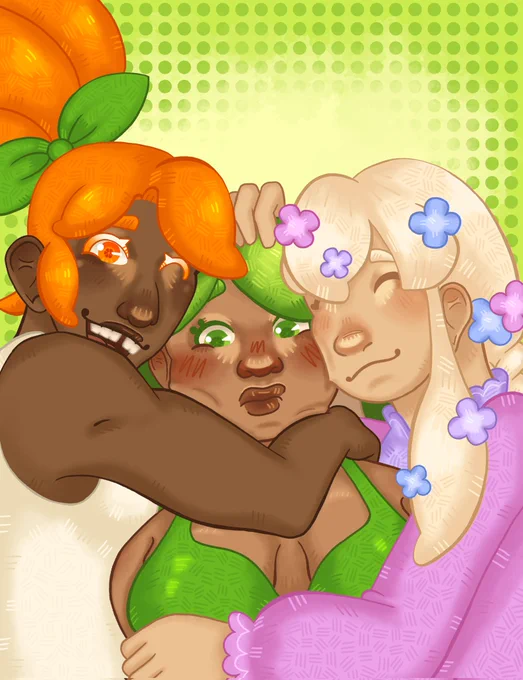 fanart of lime cookie blushing while being hugged by orange cookie and caramel choux cookie