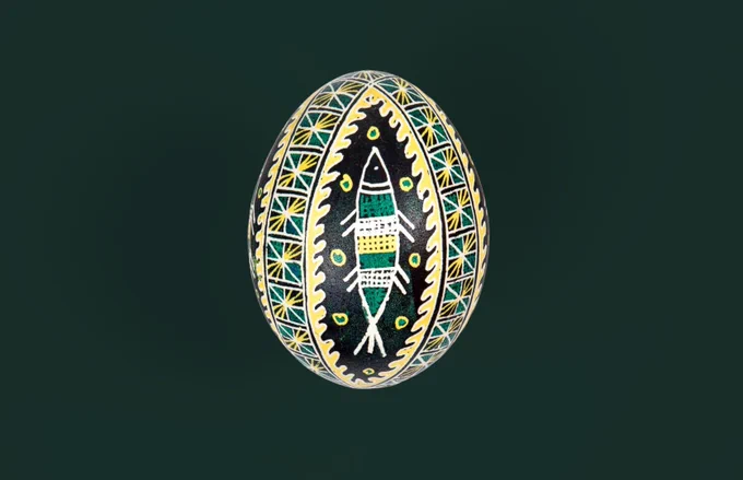 Pysanka (traditional Ukrainian hand-painted Easter egg), Hutsul style (Western Ukraine), with a fish at the center of the composition; from the collection of the Ivan Honchar Museum, National Center of Folk Culture.