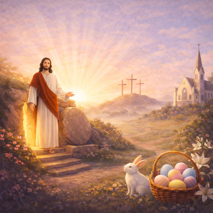 Jesus emerging, a bunny, and Easter Eggs