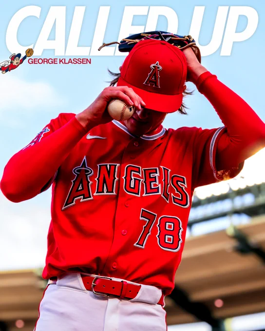 A call up graphic with a photo of George Klassen grabbing the brim of his hat as he prepares to start the 2026 Freeway Series Exhibition game at Angel Stadium. Text in the back reads "Called Up, George Klassen".