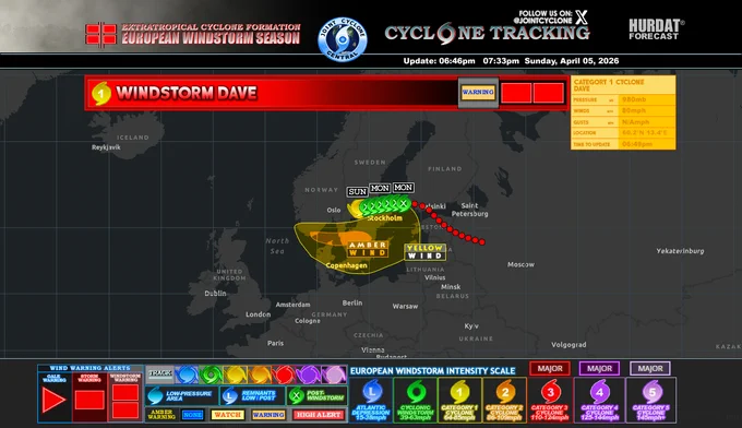 Areas around Gothenburg are expected to experience significant gusts before the storm transitions into a post-windstorm phase in the next few hours. 

Warnings:
Amber Wind Warning: Copenhagen region
Yellow Wind Warning: Southern Sweden
Track: The storm has been moving northeast from the Baltic Sea, with decreasing intensity projected as it moves inland.

Forecast:
Sunday: Strong winds continue along the coast and inland areas.
Monday: Transition to post-windstorm conditions, with decreasing wind speeds across central Sweden.

Impact:
Residents should prepare for potential travel disruptions, downed trees, and power outages in affected areas.

Note: This storm is part of the European Windstorm Season and is monitored closely for any changes in track or intensity.
