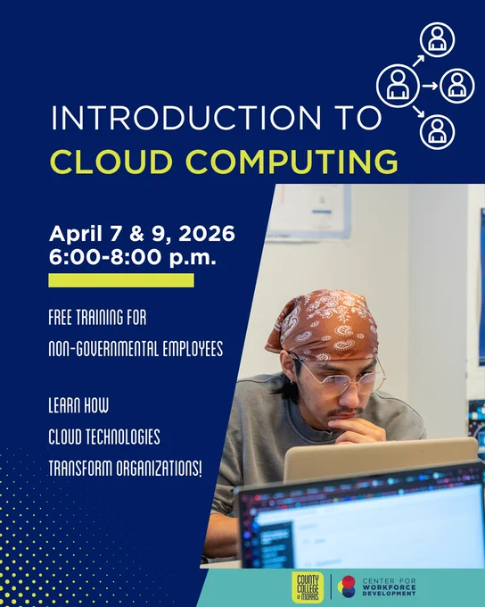 Graphic for free cloud computing training on April 7 and 9, 2026, from 6 to 8 p.m. for non-governmental employees. Includes a photo of a student working on a laptop. 