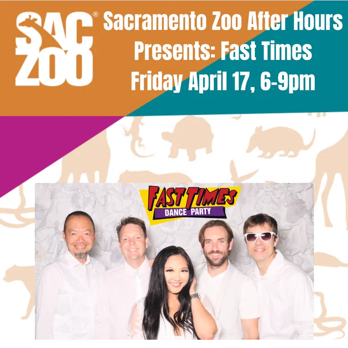 Join us for Sac Zoo's 21  Zoo After Hours event featuring Fast Times on Friday April 17
Get the group together, dance the night away, enjoy the sights & sounds of the Zoo after hours. A variety of delicious food options & both non-alcoholic & adult beverages will be available for purchase.
Don’t miss this unique, adult-only evening at the Sac Zoo. Tickets are limited, but the fun won’t be!
Get a free Fast Times Sticker while you're there, while supplies last.
More Info & Tickets: http://www.fasttimesrocks.com/
Fast Times Links:
http://www.fasttimesrocks.com/
http://www.facebook.com/FastTimesRocks
https://www.instagram.com/fasttimesrocks/
http://twitter.com/fasttimes80s
http://www.youtube.com/fasttimes80s
http://www.linkedin.com/company/fast-times
https://www.threads.net/@fasttimesrocks
https://bsky.app/profile/fasttimesrocks.bsky.social
http://www.fasttimes80s.com/

#FastTimes 
#FastTimes80s 
#FastTimesBand 
#SacZoo
#SacramentoZoo
#FastTimesRocks 
#FastTimesDanceParty 
#FastTimesLive