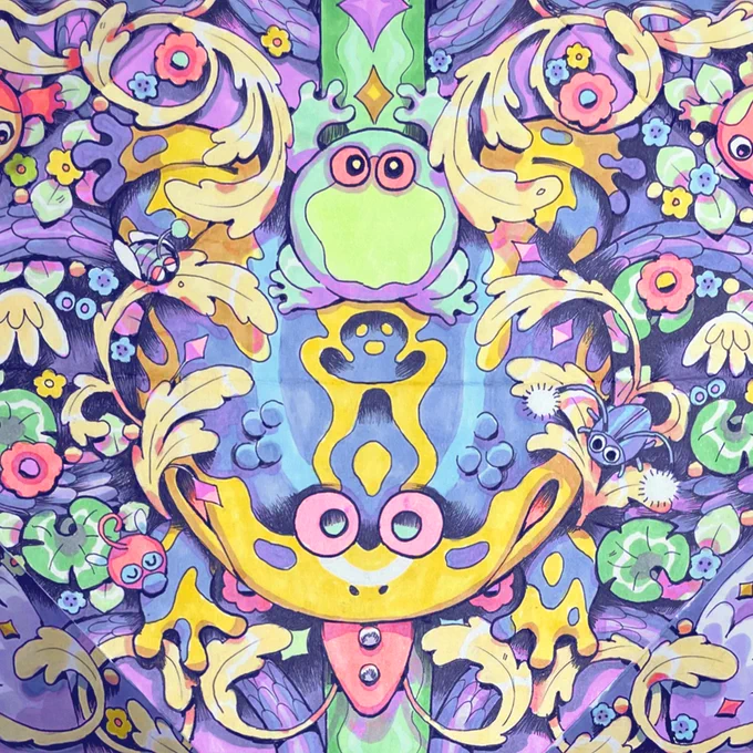 a magical frog surrounded by plants and small creatures in a ornate layout