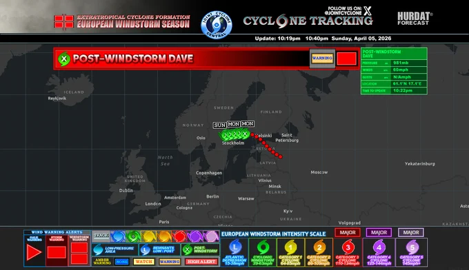 The storm maintains a pressure of 981 mb and maximum wind gusts of 60 mph. While gust data is unavailable, the system continues to bring significant wind impacts to the region.

The storm's path shows that it has moved northeast from the Baltic states toward southern Finland. Meteorologists have issued a warning for the affected areas, highlighting potential hazards such as strong winds and localized damage. Residents in the storm's trajectory should exercise caution and follow local safety advisories.

Post-Windstorm Dave is classified as a post-storm system, having transitioned from a more intense phase earlier in its course.