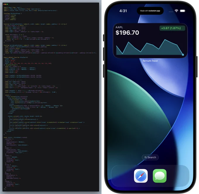 RN code sample next to iOS simulator showing a widget with RN and Skia components.