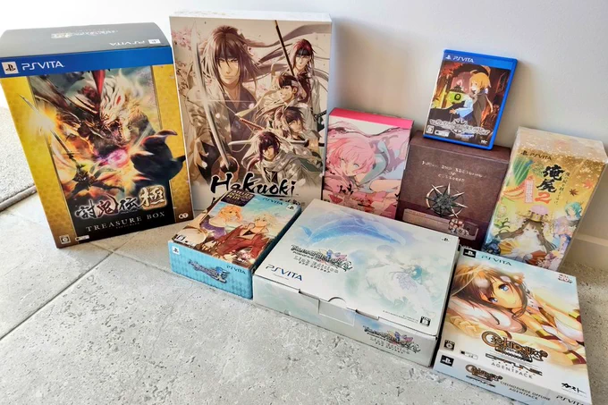 Boxes of Toukiden Kiwami, Hakuoki Kyoto Winds, Catherine: Full Body, Labyrinth of Galleria, Oreshika 2, Atelier Escha & Logy Plus, Tales of Hearts R, Ciel no surge Agent Pack.