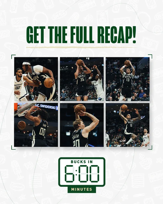 A graphic saying to "Get the full recap!" of the Bucks win against the Memphis Grizzlies. 