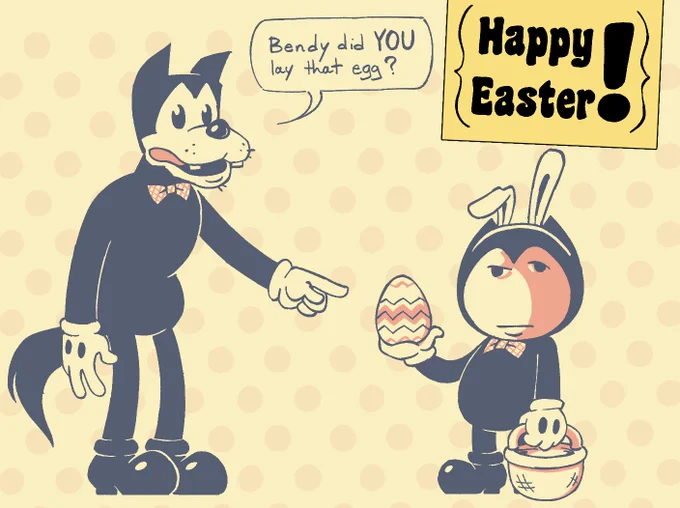 Bendy & Boris made a little something for Easter this year! but no.
Bendy didn't lay the egg. 
stop asking.