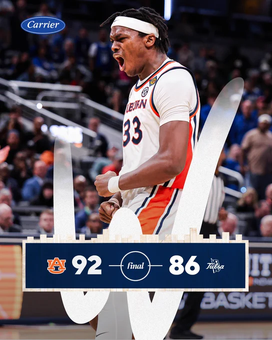 A graphic of the Auburn versus Tulsa final score 

Auburn: 92 Tulsa: 86