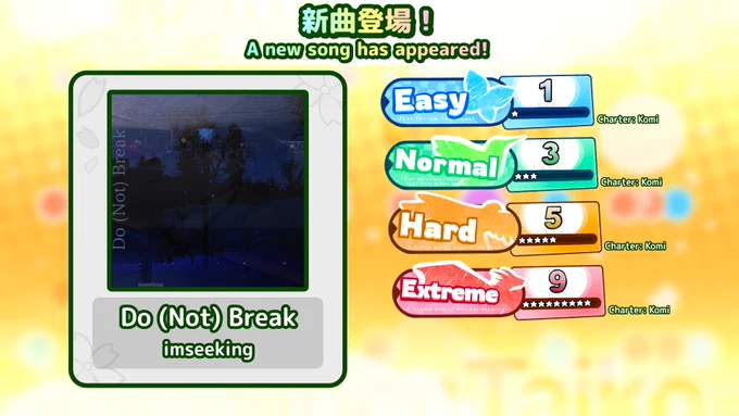 Song name: Do (Not) Break
Artist: imseeking

Difficulties:
Easy - Level 1 (charted by Komi)
Normal - Level 3 (charted by Komi)
Hard - Level 5 (charted by Komi)
Extreme - Level 9 (charted by Komi)