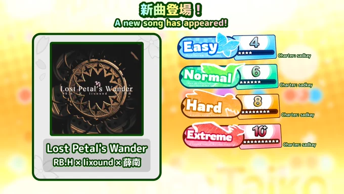 Song name: Lost Petal's Wander
Artist: RB.H × lixound × 薛南 / RB.H × lixound × Setsunan

Difficulties:
Easy - Level 4 (charted by sadkay)
Normal - Level 6 (charted by sadkay)
Hard - Level 8 (charted by sadkay)
Extreme - Level 10.7 (charted by sadkay)