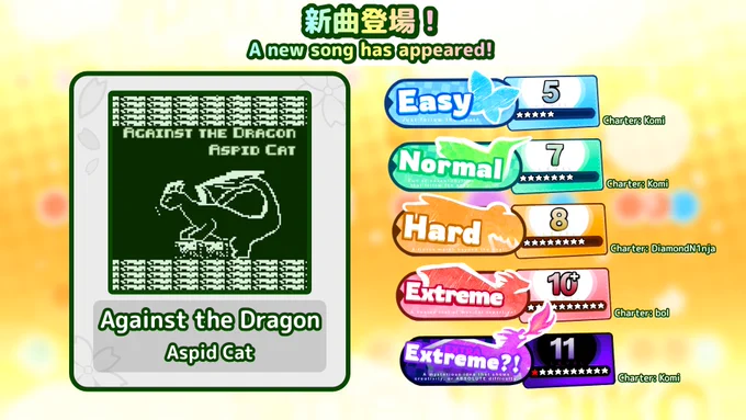 Song name: Against the Dragon
Artist: Aspid Cat

Difficulties:
Easy - Level 5 (charted by Komi)
Normal - Level 7 (charted by Komi)
Hard - Level 8 (charted by DiamondN1nja)
Extreme - Level 10.6 (charted by bol)
Extra - Level 11 (charted by Komi)