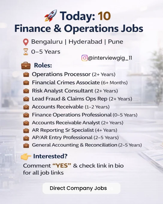 Image showing “Today: 10 Finance & Operations Jobs” with roles like Operations Processor, Financial Crimes Associate, Risk Analyst Consultant, Accounts Receivable, and more. Locations include Bengaluru, Hyderabad, and Pune with experience range 0–5 years. Call to action asks users to comment “YES” and check link in bio for job links.-Interviewgig
