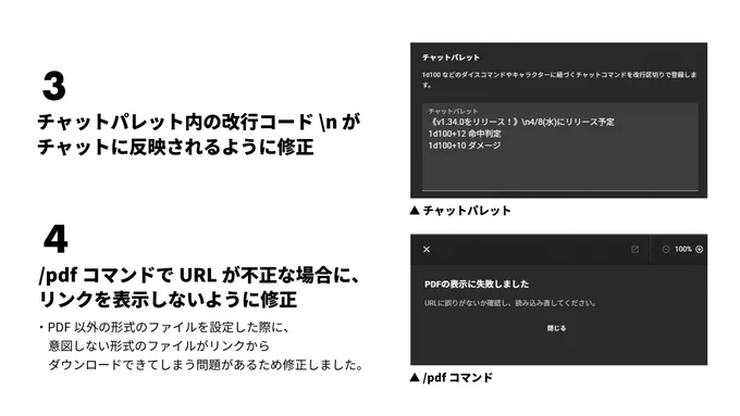 CCFOLIA v1.34.0 アップデートのお知らせ 画像3枚目

3. チャットパレット内の改行コード \n がチャットに反映されるように修正

4. /pdfコマンドでURLが不正な場合に、リンクを表示しないように修正
・PDF以外の形式のファイルを設定した際に、意図しない形式のファイルがリンクからダウンロードできてしまう問題があるため修正しました。