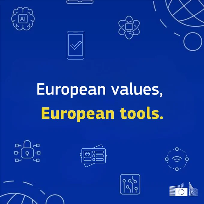 Visual with the text "European values, European tools." surrounded by various white line-art technology icons on a blue background, with the European Commission logo in the bottom right corner. 