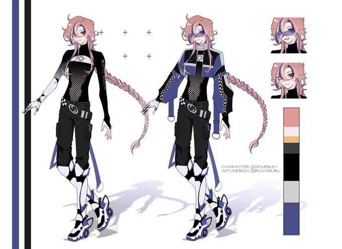 On the right, a androgynous character with heterochromia (yellow and black) and long pink hair with purple and white strands tied into a long braid. They are wearing a cyberpunk outfit composed of a black, blue and grey leather jacket with black & white  checkered, a see-through tshirt that only show their tummy, a black cargot pants with a big chrome belt showing an "S" and big complexe metal looking boots with wheels. They have a robot right arm. There is two close ups of the characters face on the right as well. On the left, the same character but without the jacket. It showcases their tattoo, a sort of cyber looking sun or circuit. 
This character was designed by artist rovaru for vtuber shubbley 