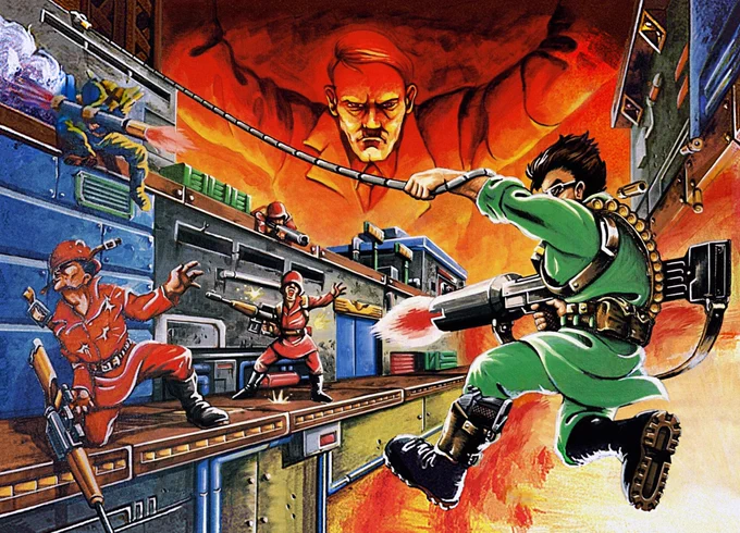 Hitler no Fukkatsu: Top Secret aka Bionic Commando in the west clean artwork used on the cover of the Famicom release. Image depicts Nathan "Rad" Spencer in a green attire, swinging his not-so-bionic arm while shooting an enemy soldier with a big machine gun. There's an explosion beneath him to the lower right. On the left, a base can be seen with a soldier up top firing off a bazooka and another one aiming. Below, another soldier screams with a machine gun on his hand while avoiding some shots. On the background, the figure of Hitler can be seen with his arms raised in orange and red tones.