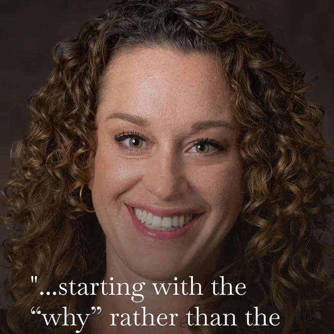 A close-up portrait of a woman with shoulder-length curly hair smiling directly at the camera against a dark, softly textured background. White text overlays the image, featuring a quote about starting with “why” rather than “what” and “how” to shift conversation. Additional text identifies it as an interview with Hannah Jardine and includes “AI   Education = Simplified” and a Substack URL.