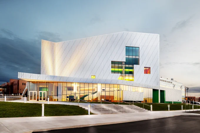 Geometric modern-shaped building with large windows