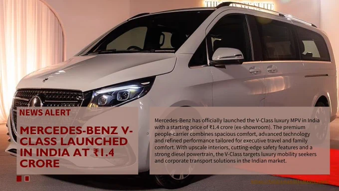Image of a white Mercedes-Benz V-Class luxury MPV showcased indoors, with soft ambient lighting. A text banner highlights its India launch at ₹1.4 crore, describing its premium comfort, advanced technology, and executive travel features.