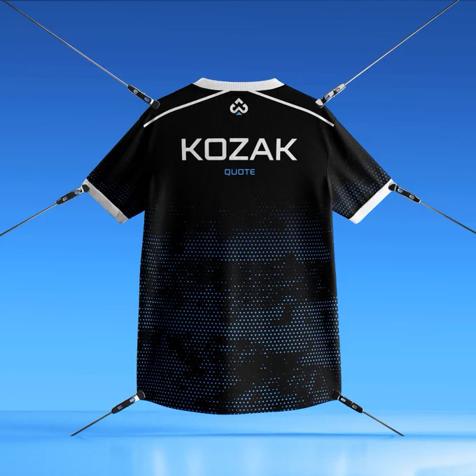 A professional 3D mockup of a black eSports jersey with blue halftone dot patterns on the lower half and sleeves. The jersey features a white collar and shoulder stripes, displayed on a cinematic dark background with matching blue dot textures.